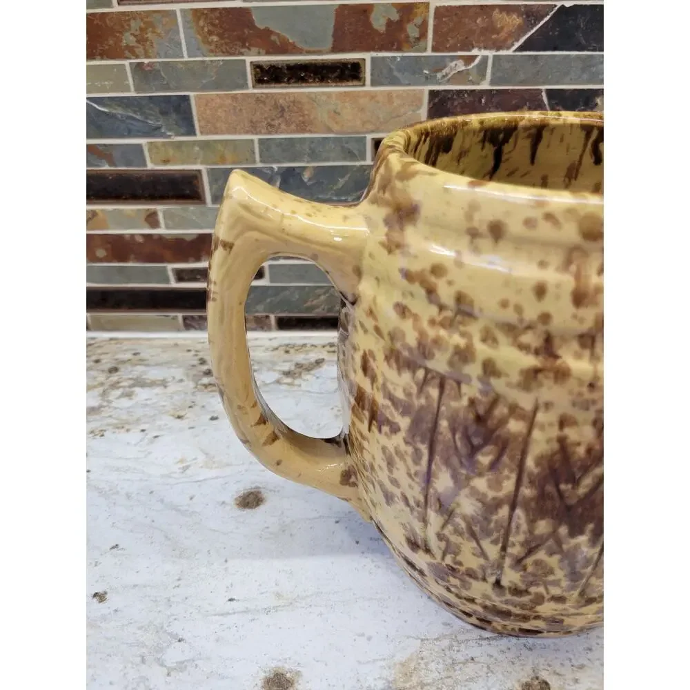 Antique Morton Potteries Spongeware Yellowware Barrel Pitcher Woodland Glaze